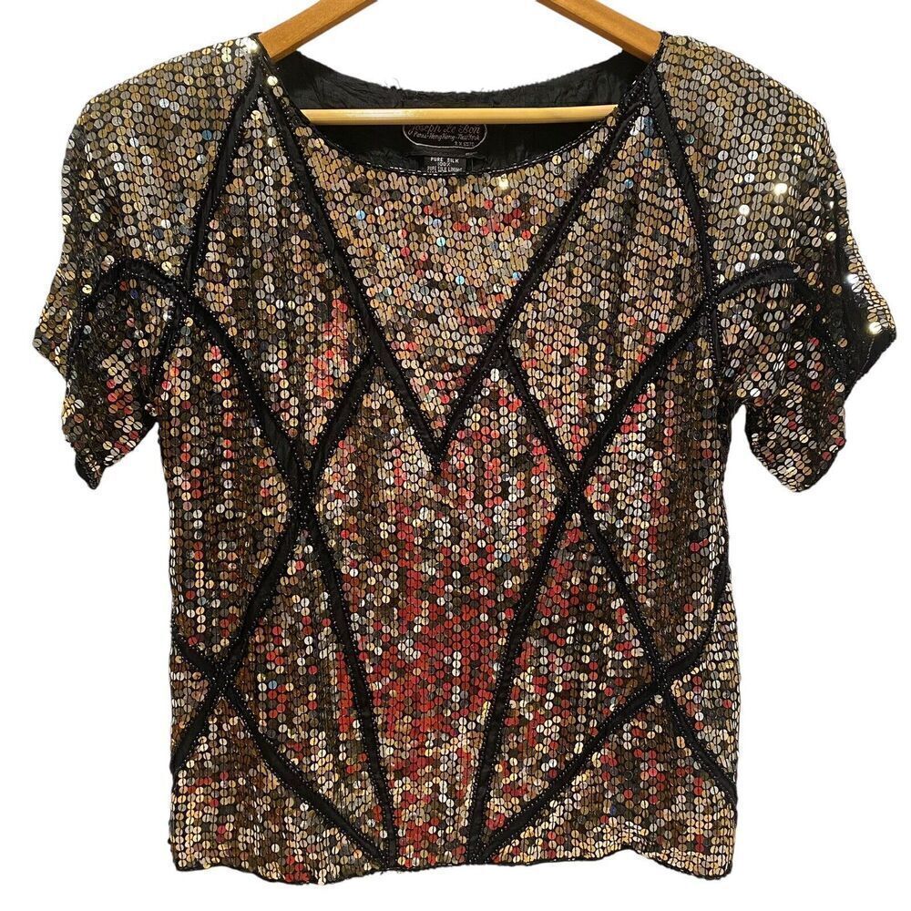 Jean For Joseph Le Bon Vintage 80's Silk Gold Sliver Sequin Top Women's Large